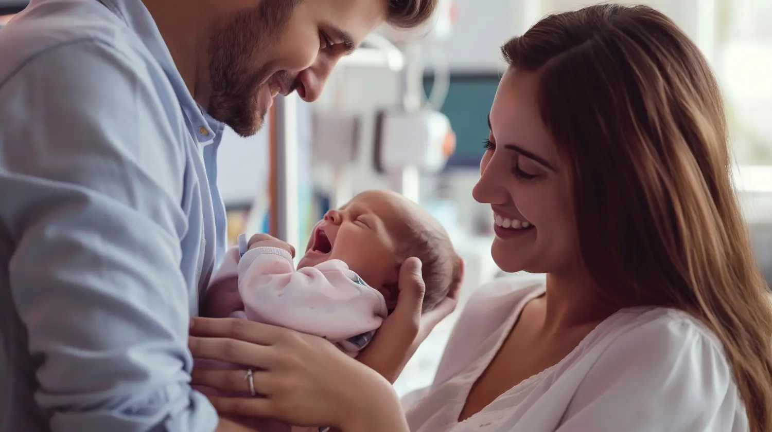 Ein glückliches Paar umarmt sein neugeborenes kleines Baby im Krankenhaus, die Frau und der Mann sind Eltern geworden.